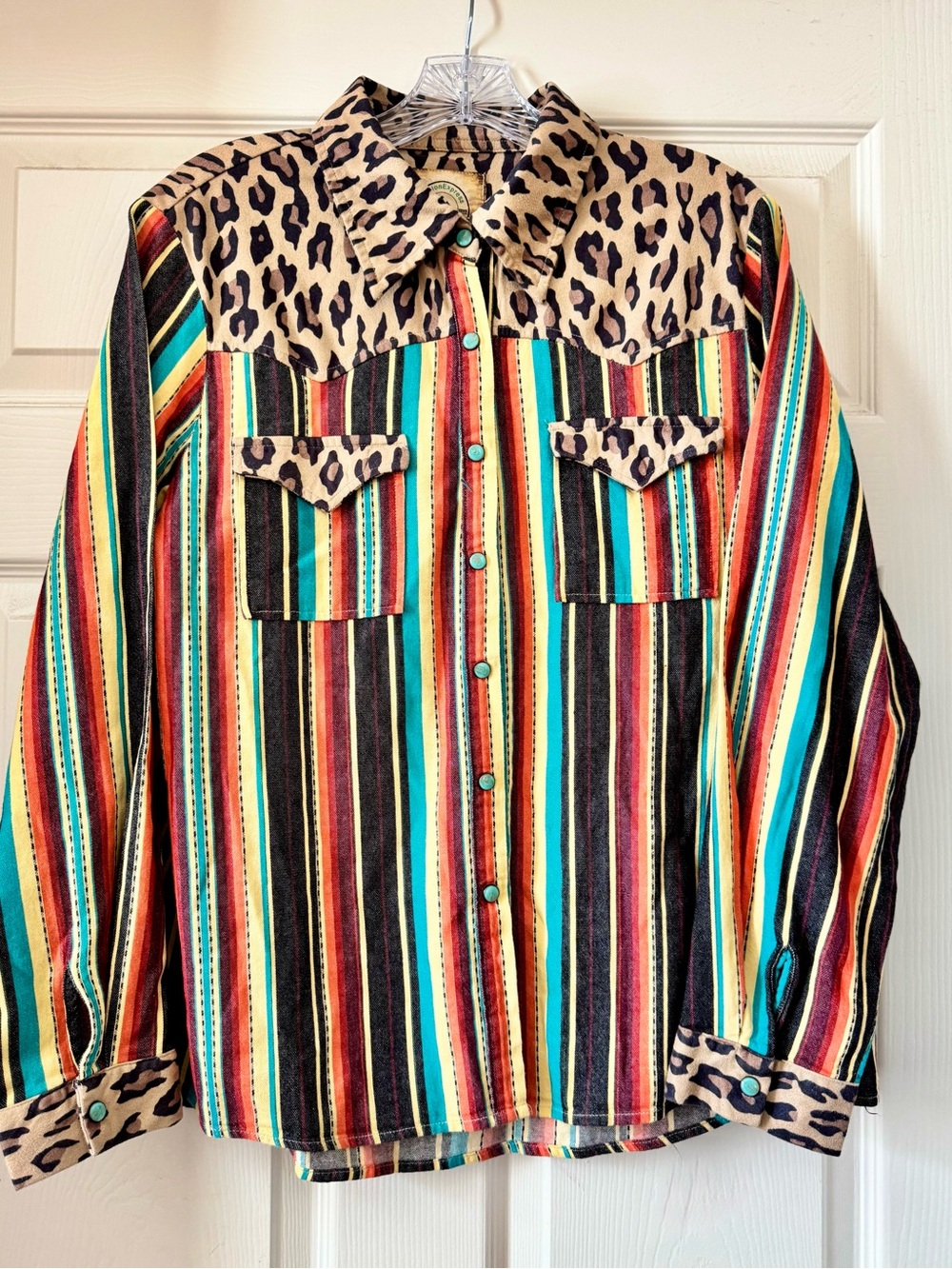 Fashion Express Western Serape Stripe Leopard Print Pearl Snap Shirt 1XL